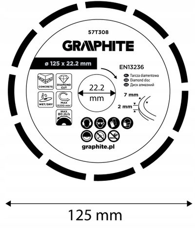 Disk diamanti për beton Graphite 57T308, 125mm, vrimë 22.2mm, gri