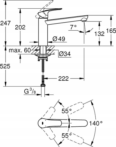 Rubinet lavamani Grohe Eurosmart 304632430, gryka rrotulluese 140°, i zi mat