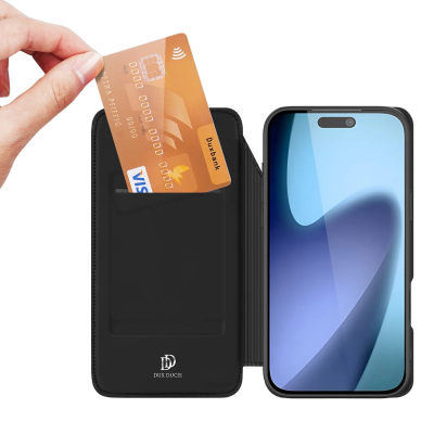 Mbulesë telefoni Dux Ducis për iPhone 17 Air, me këmbëz për qëndrim, portofol, e zezë