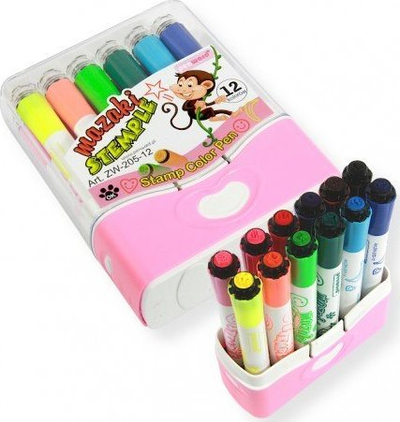 Set markera Muzaki Stempel, 12 copë, ngjyra të përziera, kuti rozë