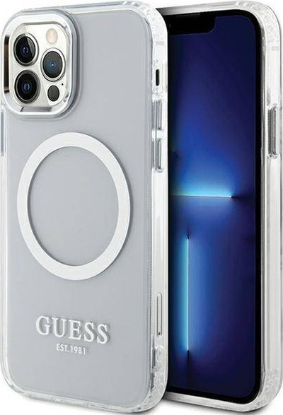 Mbulesë telefoni Guess GUHMP12MHTRMS për iPhone 12 12 Pro, Metal Outline, MagSafe, argjend