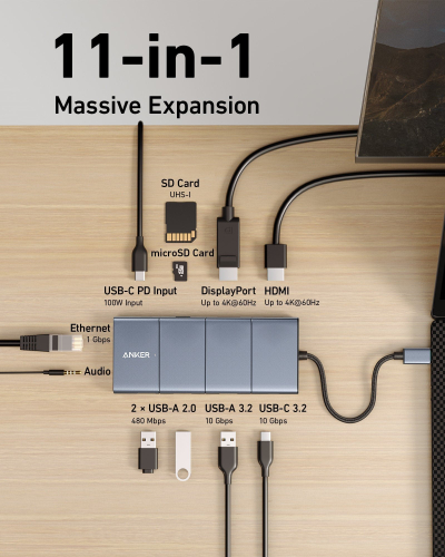 Hub USB C Anker 565, 11 në 1, 85W, gri