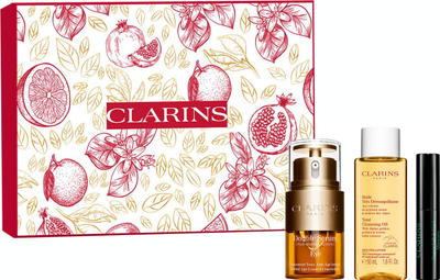 Set dhurate Clarins Double Serum Eye, serum për sy kundër rrudhave, vaj pastrimi për fytyrë, i kuq