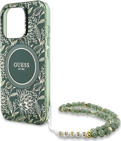 Mbulesë telefoni Guess IML Flowers Allover Electro and Pearl Strap MagSafe për iPhone 16 Pro 6.3\", me rrip me rruaza, jeshile