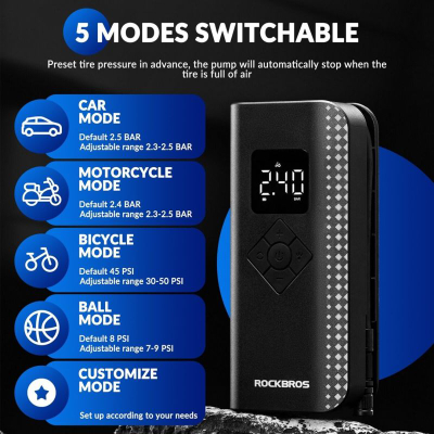 Pompë elektrike Rockbros 150PSI, portative, 2000mAh, e zezë