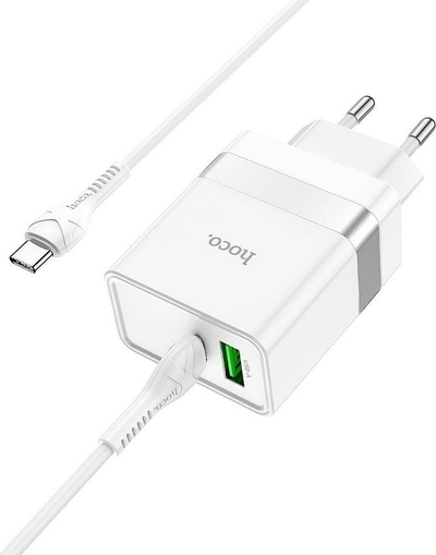 Karikues muri Hoco N21 Topspeed, PD 30W, me 2 porta USB Type C dhe USB A, i bardhë