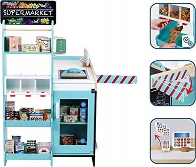 Set supermarket prej druri për kalamoj Generic, me banak, rafte edhe aksesorë, shumëngjyrësh