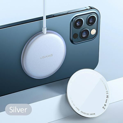 Karikues magnetik Usams US-CD160, 15W për celularët iPhone të serisë 12, i argjendtë
