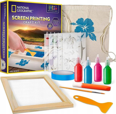 Set kreativ National Geographic Screen Printing Craft Kit, për shtypje në tekstil, me bojëra dhe shabllone, shumëngjyrësh