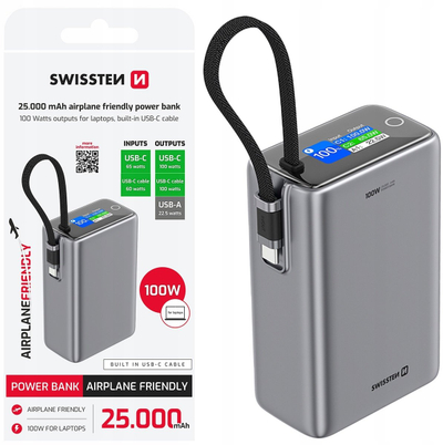 Надворешна батерија Свисстен Traveling, 25000mAh, 100W, металик сива