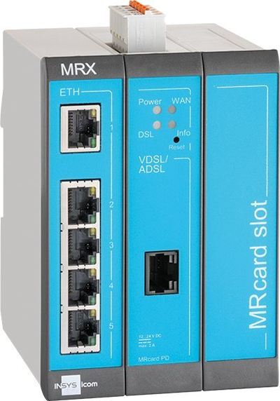 Ruter industrial INSYS icom MRX3 DSL-A, 5 porta Ethernet, VDSL ADSL, gri blu