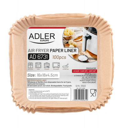 Letra mbrojtëse për fritezë ajri Adler AD 6731, 16 cm, 100 copë, kafe