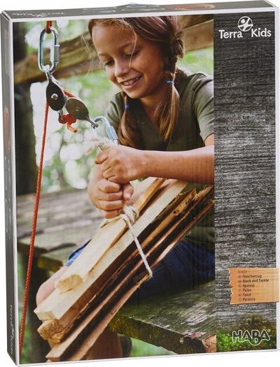 Set bllokash dhe rrotash HABA Terra Kids, për shtëpiza në pemë, me litar, portokalli