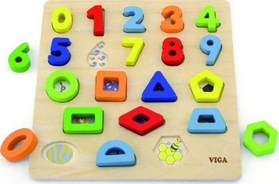 Lodër druri Viga 50119, puzzle sorter me numra dhe forma, shumëngjyrëshe