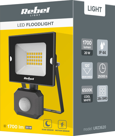 Reflektor LED Rebel, 20W, sensor zmbrëmjeje dhe lëvizjeje, 6500K, i zi
