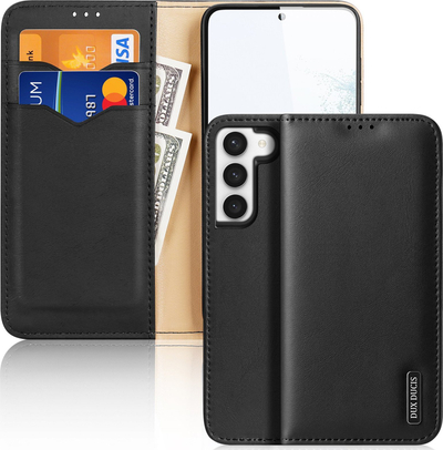 Kapak-portofol DUX DUCIS Hivo për Samsung Galaxy S23, lëkurë e punuar, me xhepa kartash, i zi