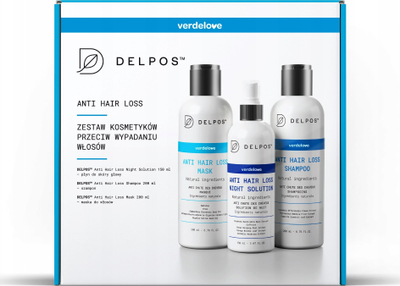 Set kundra rënies së flokëve Delpos Anti Hair Loss, shampo, maskë edhe solucion nate, për kokë të ndjeshme, i bardhë