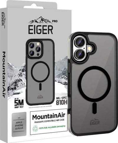 Kuti telefoni Eiger Mountain Air për iPhone 16 Plus, MagSafe, transparente e zezë