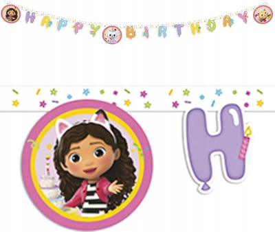 Banner urimi Gabby's Dollhouse Happy Birthday, letër FSC, për festa kalamash, shumëngjyrësh