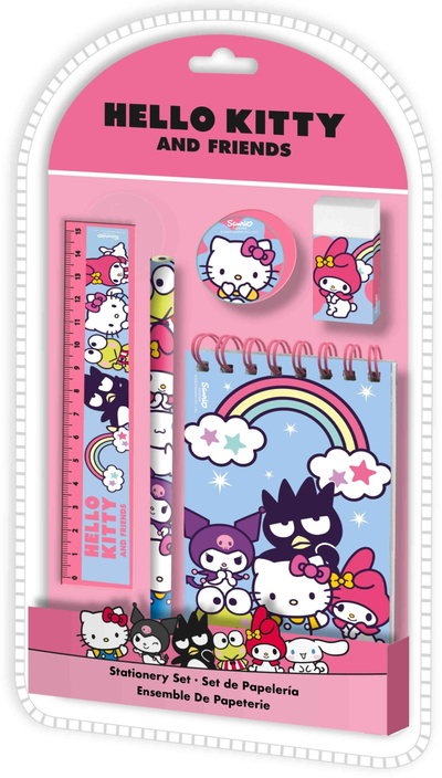 Set shkrimi Sanrio Hello Kitty and Friends, 5 pjesë, fletore laps vizore gomë mprehëse, rozë blu