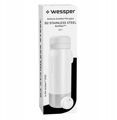 Shishe filtru Wessper B2 Actitex, çelik inox 0.7L, pa BPA, e bardhë