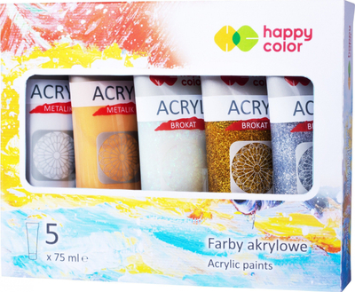 Set bojrash akrilike Happy Color Metallic and Glitter, 5 ngjyra, 75ml