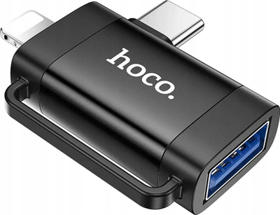 Adapter OTG Hoco 2n1, Type‑C mashkull edhe Lightning mashkull në USB‑A femër, gri