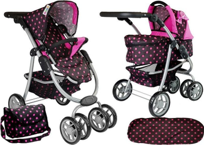 Karrocë lodër për kukulla Alice 2 in 1, alumini, për kukulla 40 cm, e zezë rozë