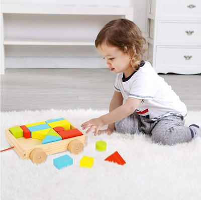 Set blloqesh druri Tooky Toy Mini Block and Roll, 17 copa, karrocë me tërheqje, shumëngjyrësh