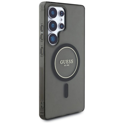 Kapotë telefoni Guess Glitter Circle Classic Logo MagSafe për Samsung S25 Ultra, TPU PC, transparente