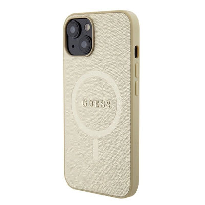 Këllëf telefoni Guess GUHMP15MPSAHMCB për iPhone 15 Plus 6.7", hardcase Saffiano, MagSafe, ngjyrë gold