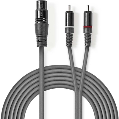 Kabllo audio Nedis OnStage, XLR 3-pin femër në 2x RCA mashkull, 1.5 m, gri