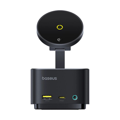 Docking station Baseus 7 në 1, USB C 3.2, HDMI 4K 60Hz, karikues wireless Qi2 15W, PD 100W, i zi