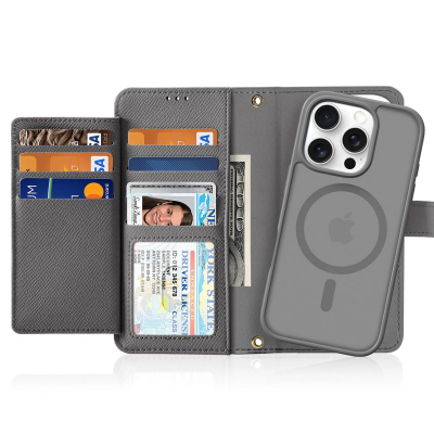 Футрола-паричник DUX DUCIS Lawa Series за iPhone 16 Pro Max, 2 во 1, MagSafe, сива
