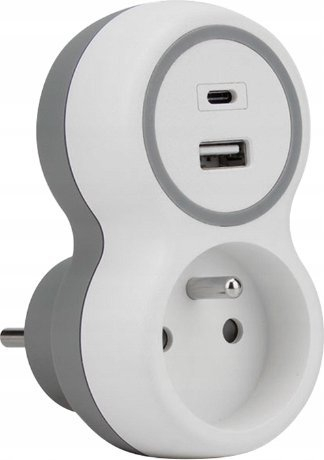Prizë njëfishe me USB Plastrol R-1CA/B, 16A 3680W, 230V, bardh gri