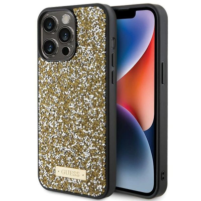 Mbulesë telefoni Guess Rhinestone Metal Logo për iPhone 15 Pro 6.1", hardcase, me kristale, e artë