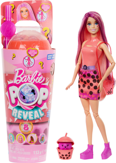 Kukull Barbie Pop Reveal Boba Tea Mango Mochi, me gjëra brenda, me 8 surpriza, shumëngjyrëshe