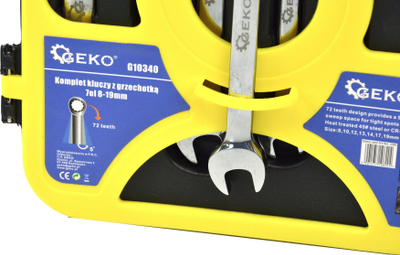 Сет клучеви со механизам ratcheting GEKO, 7 парчиња, 8-19mm, со пластичен држач