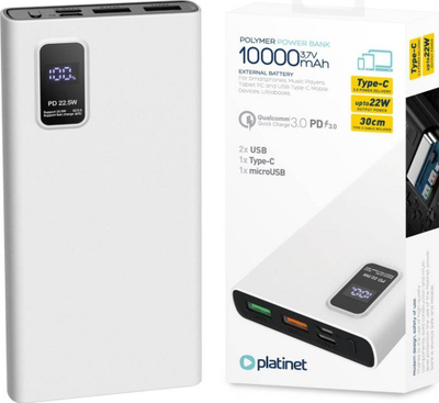 Надворешна батерија Платинет Полимер, 10000mAh, PD 3.0 QC 3.0, бела