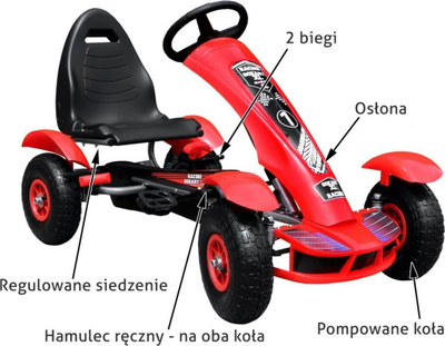 Go-kart me pedale për fëmijë, deri 50kg, sedilje e rregullueshme, rrota me ajër