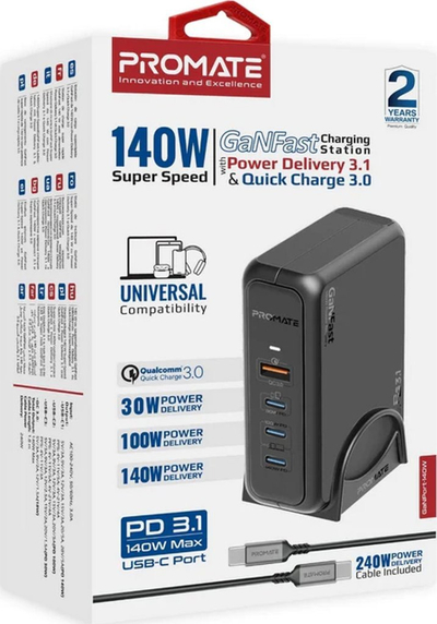 Karikues muri ProMate GaNPort 140W, 3x USB C, Quick Charge 3.0, i zi