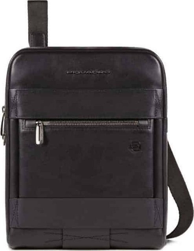 Çantë crossbody Piquadro Trakai, lëkurë dhe material tekstil, 27cm, e zezë