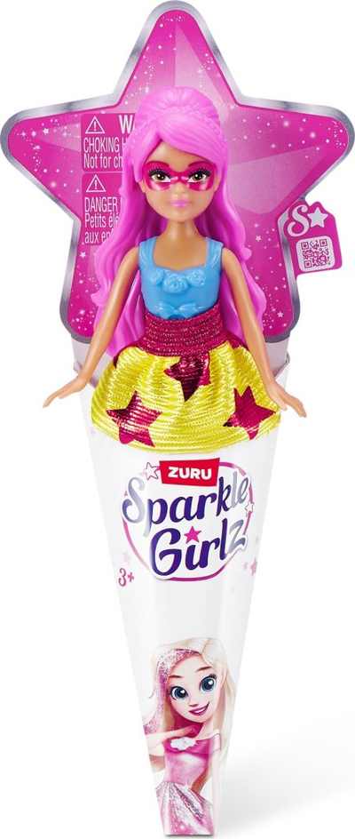 Kukull ZURU Sparkle Girlz Mini Pop, në paketim si kornet akulloreje, me flokë dhe fustan shumëngjyrësh