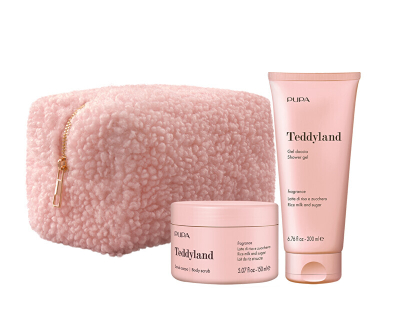 Set kujdesi trupi TeddyLand Shower Gel and Body Scrub, xhel dushi dhe skrub trupi, me çantë pelushi