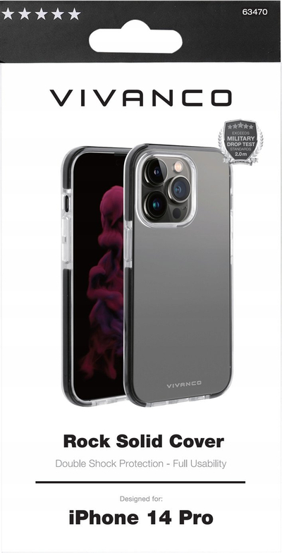 Kapak telefoni Vivanco Rock Solid për iPhone 14 Pro, TPU dykatëshe, i fortë ndaj goditjeve, transparent me detaje të zeza