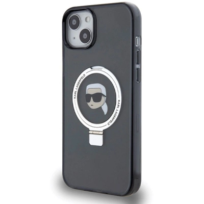 Futrollë Karl Lagerfeld me unazë Ring Stand Karl Head MagSafe, për iPhone 15 6.1", e zezë