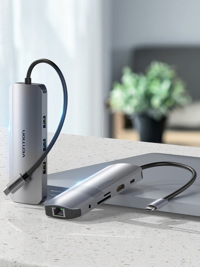 Docking station USB C Vention, 9 në 1, HDMI 4K, 3x USB 3.0, gri