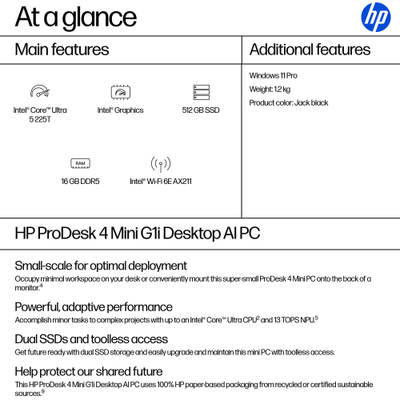 Kompjuter desktop HP ProDesk 4 G1i Mini, Ultra 5 225T, 16GB RAM, 512GB SSD, i zi
