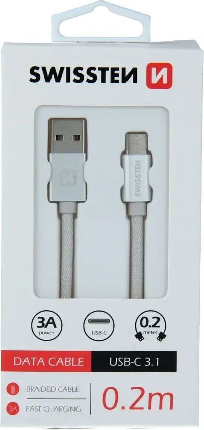 Kabllo për të dhëna Swissten Textile USB-C, 0.2m, USB 2.0, argjendtë