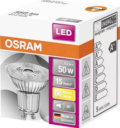 Llampë LED Osram GU10, 4.3W sa 50W, dritë e ngrohtë e bardhë, xham i tejdukshëm